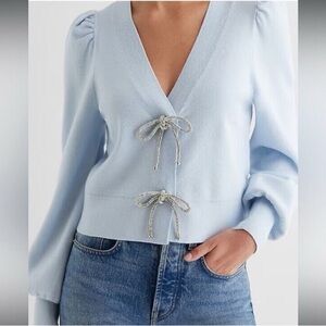 EXPRESS V-Neck Embellished Bow Cardigan - Light Blue SOLD OUT ONLINE Large